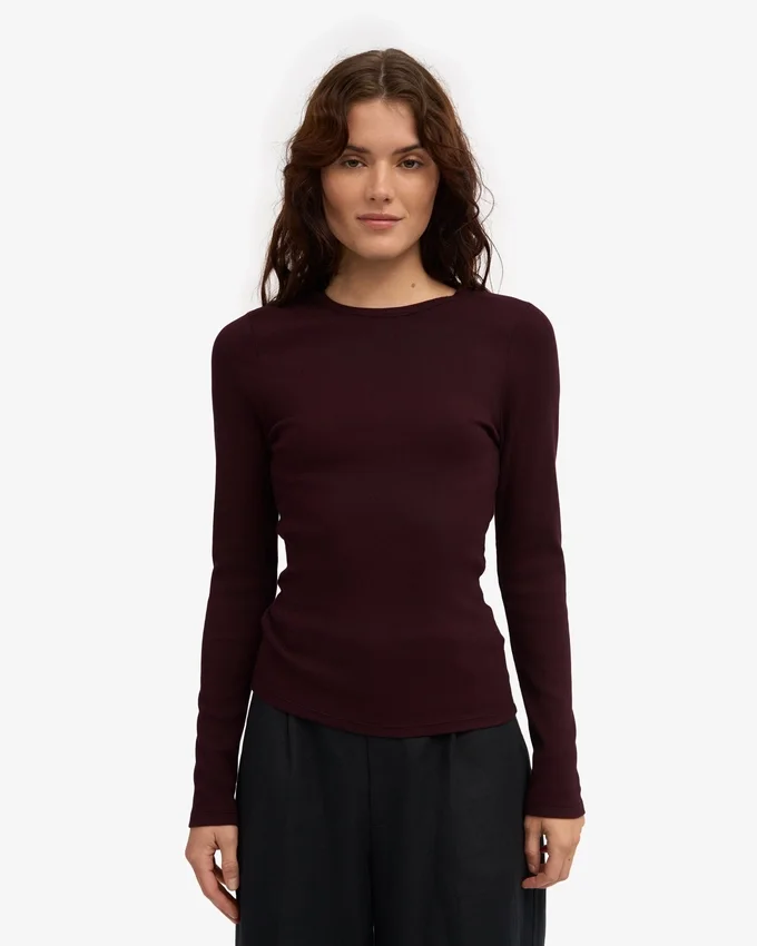 T-shirt à manches longues en coton bio à côtes pour femme - Rouge sang de bœuf