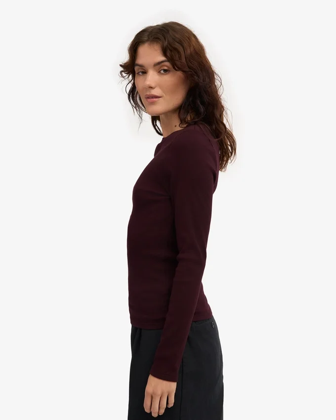 T-shirt à manches longues en coton bio à côtes pour femme - Rouge sang de bœuf