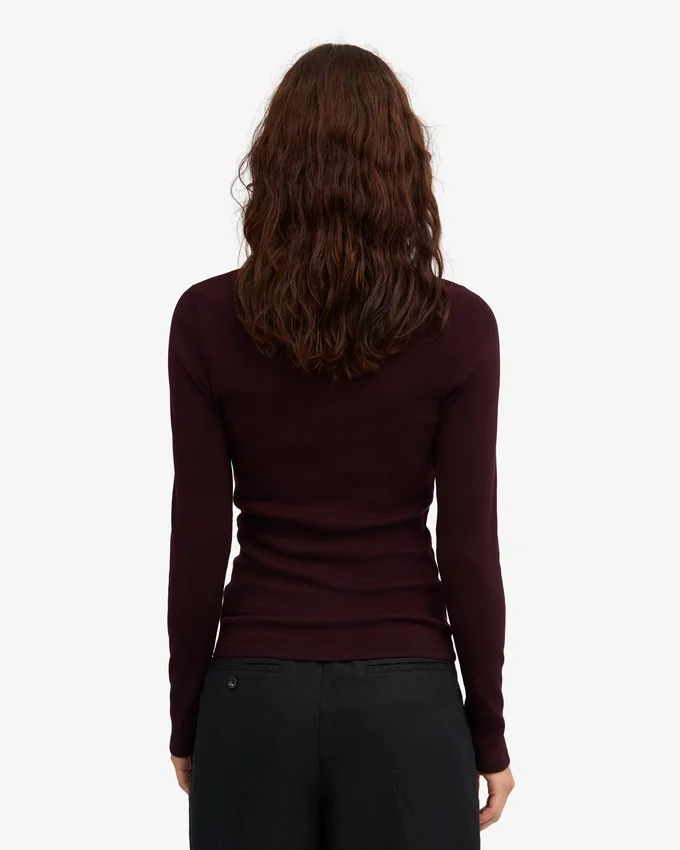 T-shirt à manches longues en coton bio à côtes pour femme - Rouge sang de bœuf