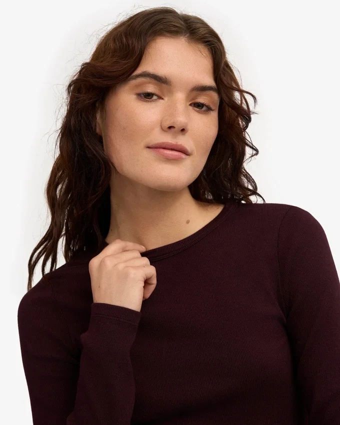 T-shirt à manches longues en coton bio à côtes pour femme - Rouge sang de bœuf