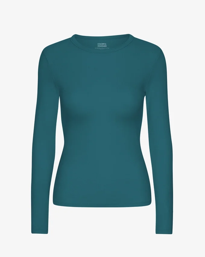 T-shirt à manches longues en coton bio à côtes pour femme - Vert océan