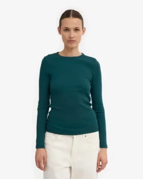 T-shirt à manches longues en coton bio à côtes pour femme – Vert océan