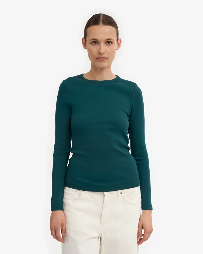 T-shirt à manches longues en coton bio à côtes pour femme - Vert océan