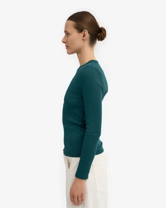 T-shirt à manches longues en coton bio à côtes pour femme - Vert océan