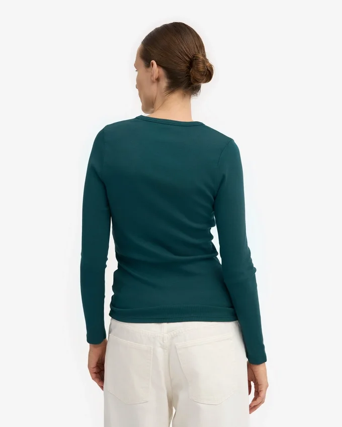 T-shirt à manches longues en coton bio à côtes pour femme - Vert océan