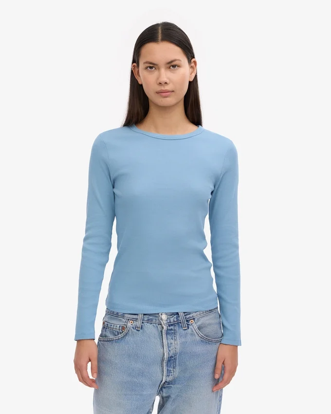 T-shirt à manches longues en coton bio pour femme - Bleu bord de mer