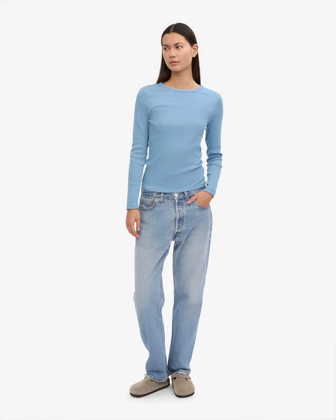 T-shirt à manches longues en coton bio pour femme - Bleu bord de mer