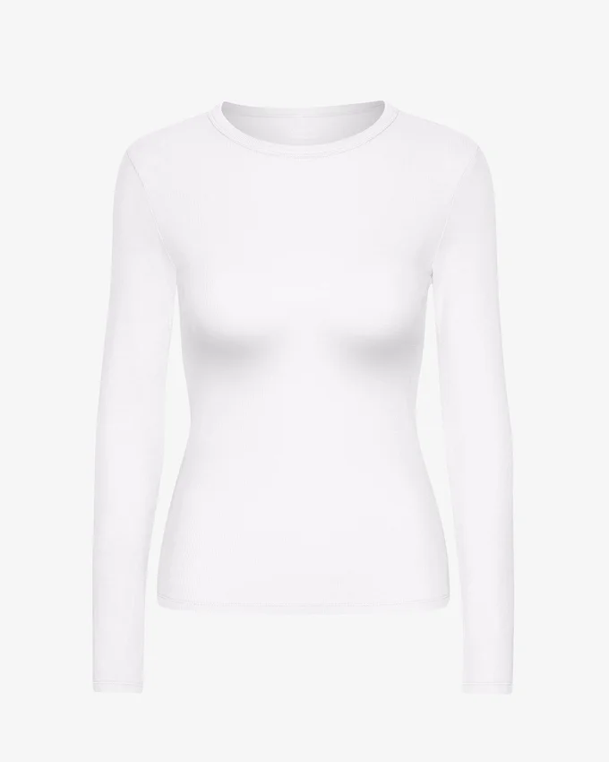 T-shirt à manches longues en jersey côtelé bio pour femme - Blanc optique