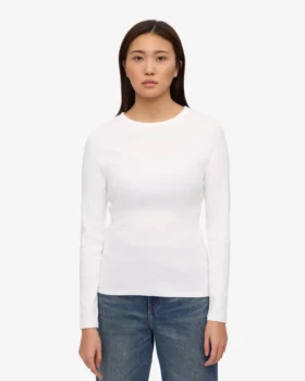 T-shirt à manches longues en jersey côtelé bio pour femme – Blanc optique