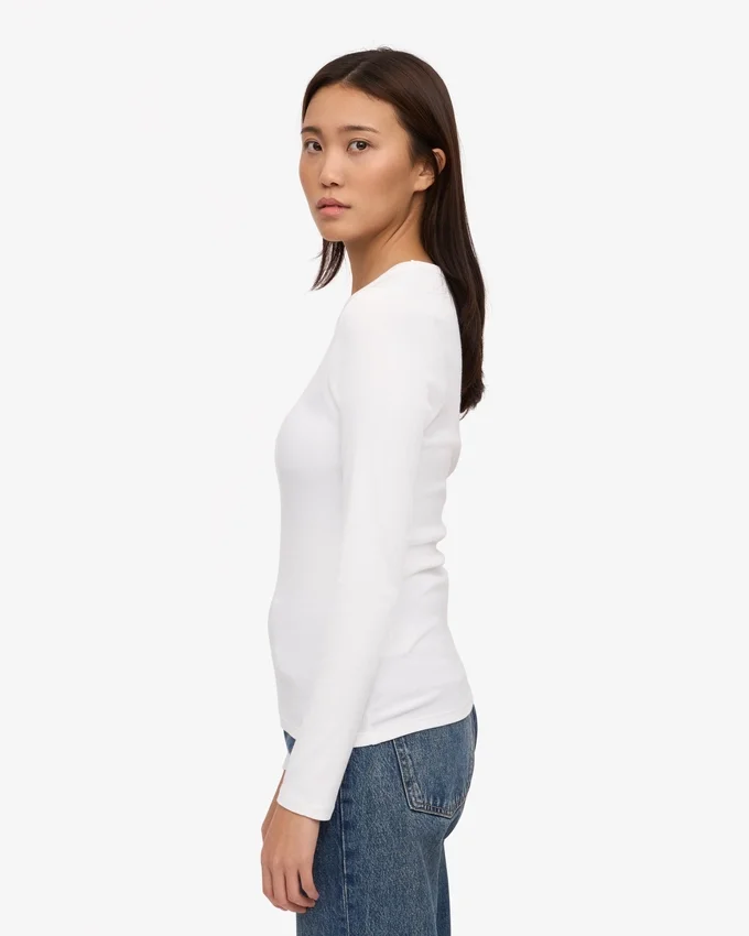 T-shirt à manches longues en jersey côtelé bio pour femme - Blanc optique