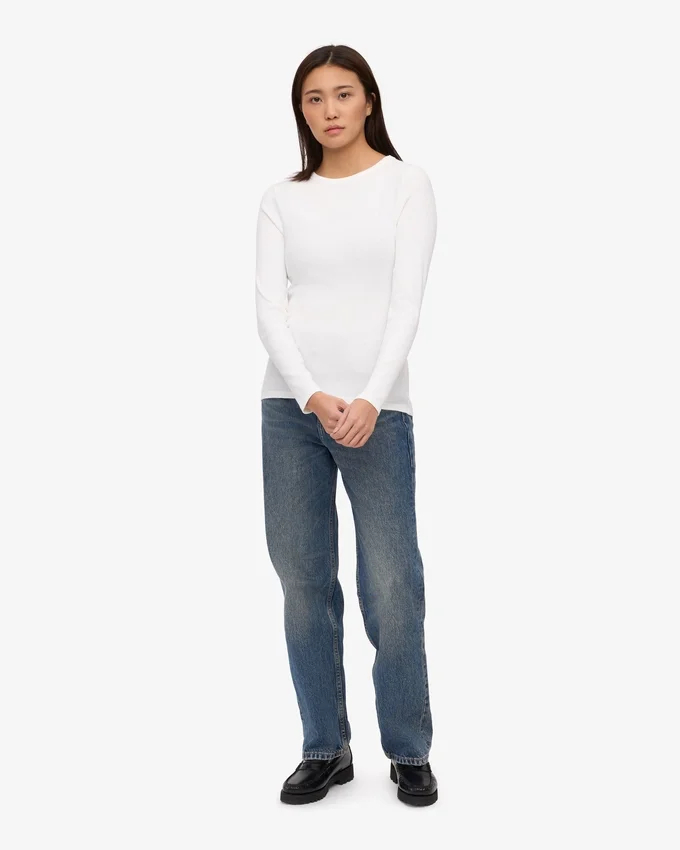 T-shirt à manches longues en jersey côtelé bio pour femme - Blanc optique