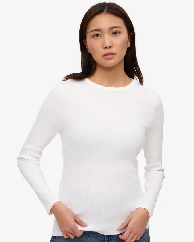 T-shirt à manches longues en jersey côtelé bio pour femme - Blanc optique