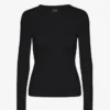 T-shirt à manches longues en jersey côtelé bio pour femme - Noir intense