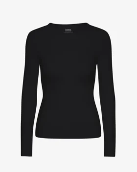 T-shirt à manches longues en jersey côtelé bio pour femme - Noir intense