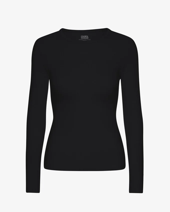 T-shirt à manches longues en jersey côtelé bio pour femme - Noir intense