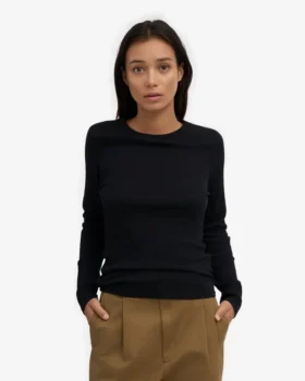 T-shirt à manches longues en jersey côtelé bio pour femme – Noir intense
