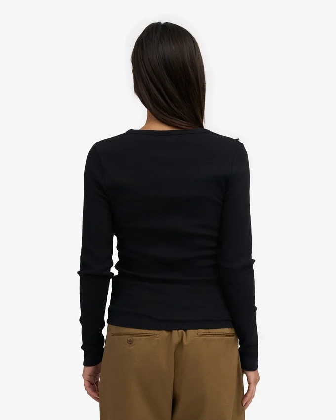 T-shirt à manches longues en jersey côtelé bio pour femme - Noir intense