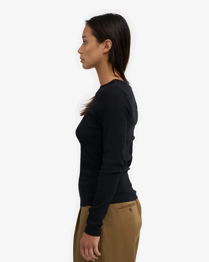 T-shirt à manches longues en jersey côtelé bio pour femme - Noir intense