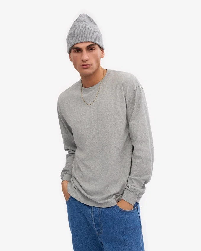 T-shirt oversize à manches longues en coton bio - Gris chiné